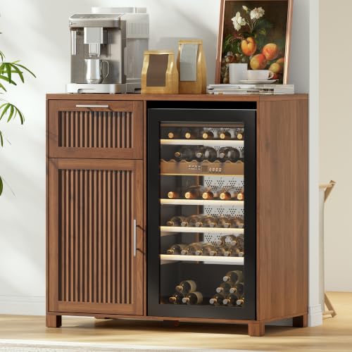 Image of 38.6 inch Long Fluted Mini Fridge Cabinet with Power Outlet & Drawer, Walnut