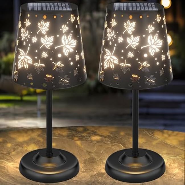UBright Solar Table Lamp Outdoor Cordless Lamp with Maple Leaf Hollow Design Metal Solar Lanterns Waterproof Outdoor Lights Decor for Patio Yard Garden Porch Indoor Tabletop 2Pack
