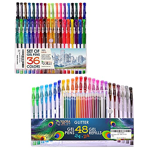 Color Gel Pens - Sets of 36 Gel Pens and 24 Glitter Gel Pens Plus 24 Refills - Gel Pens for Kids - Coloring Pens - Gel Pens Set - Pen Sets for Girls - Spirograph Pens - Artist Gel Pens - Sparkle Pens