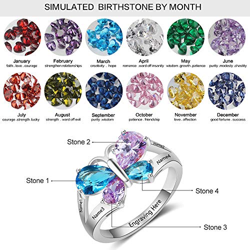 Personalized Engraved Name Rings for Mothers Day Rings with 4 Simulated Birthstones Promise Butterfly Ring for Women (Silver, 6)2