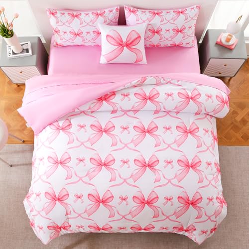 Image of DORCAS Bow Twin Comforter Set for Girls,6 Pieces Bed in A Bag Pink Bow Bedding Sets with Sheets for Kids