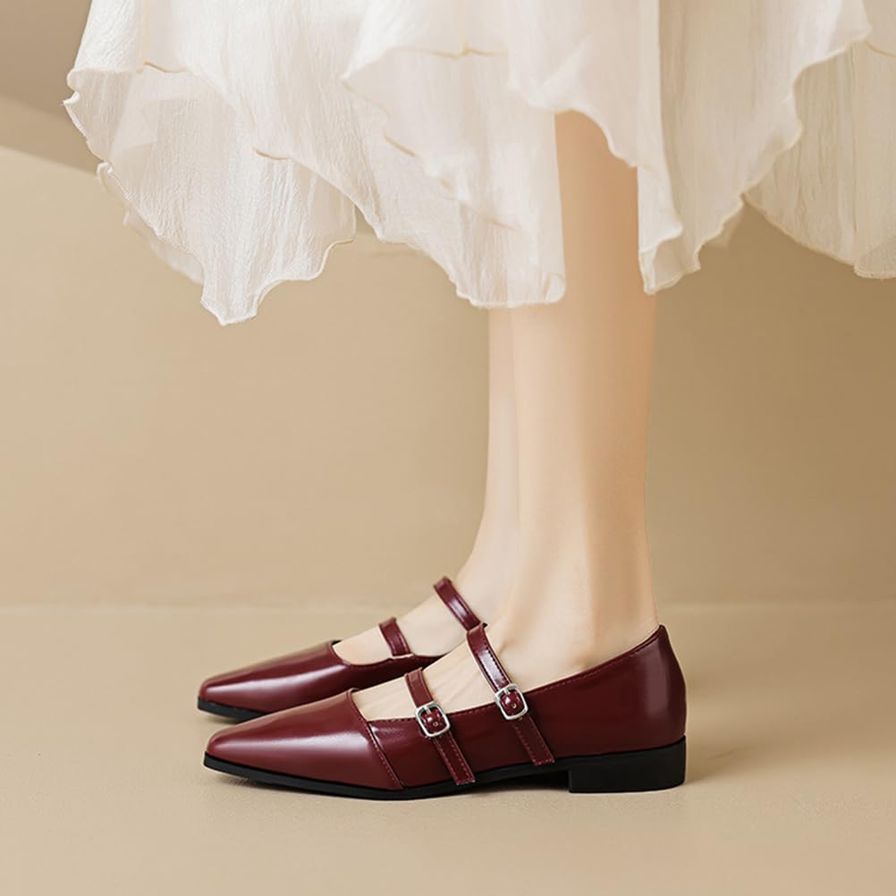 Damskie buty z podwójnym paskiem Mary Jane Flats, szpiczasty nosek z klamrą - dostępne w kolorze morelowym, czarnym i bordowym
