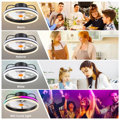 Image of Ceiling Fan-Low Profile Ceiling Fan with Light - Modern Flush Mount Ceiling Fan ,16 inch RGB Dimmable LED Enclosed Ceiling Fans,Modern Bladeless LED-RGB Ambient Light for Bedroom Kids Room Party(Black)