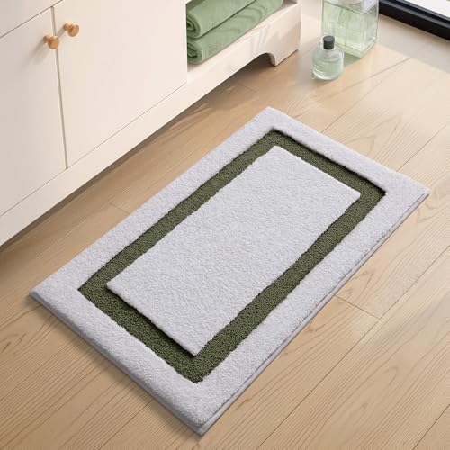 Image of Color&Geometry Mini White Bathroom Rugs 24x16, Extra Soft Absorbent Microfiber Bath Rug, Non-Slip Bathroom mat, Washable Plush Bath Mats for Bathroom, Shower, Bathtub, Laundry, Small, White Green