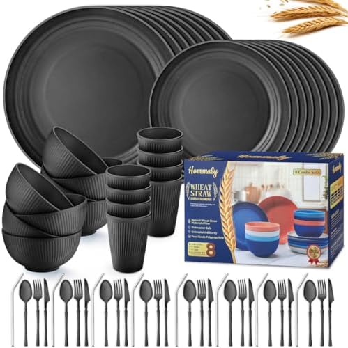Wheat Straw Dinnerware Sets,64-Piece Black Plates and Bowls Sets ...