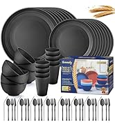 Wheat Straw Dinnerware Sets,64-Piece Black Plates and Bowls Sets for 8-Unbreakable,Reusable Plast...