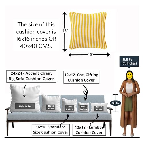 Image of 16x16 Inch Reversible Pack of 2 Yellow Stripe Cotton Woven Throw Pillow Covers for Couch Sofa Bed Home Decoration Restaurant | Size 40 x 40 cm