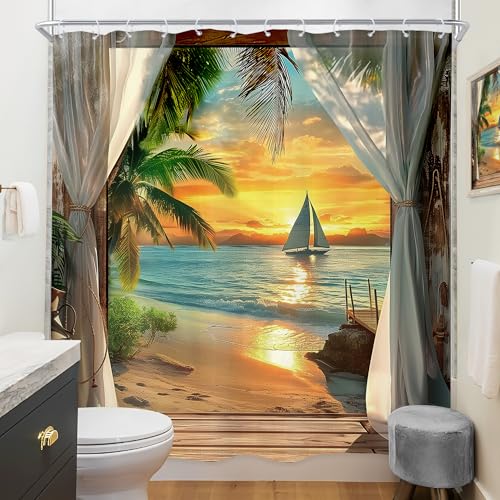 Image of Riyidecor Beach Shower Curtain 72Wx72H Inch Coastal Sunset Beachy Seaside Ocean Sea Hawaiian Tropical Palm Tree Scenery Barn Door Summer Bathroom Decor Fabric Polyester Waterproof 12 Pack Hooks