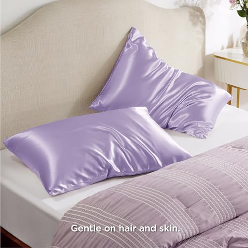 Image of Bedsure Satin Pillowcase with Zipper, Pillow Cases Queen Size Set of 2 | Similar to Silk Pillow Cases 2 Pack, Silky & Soft Pillow Covers for Hair and Skin, Gifts for Women, Lavender, 20x30 Inches