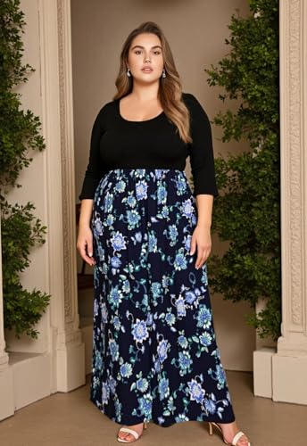 Image of Nemidor Women Plus Size Casual Maxi Dress Long Fall Pockets | Size 14-26 plus, elastic waist, long sleeve, round neck, loose, boho, curvy, winter, wedding, daily, vacation, work, holiday