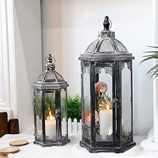 Hanging Candle Lantern, 63 & 46cm High Hexagonal Tower Style Outdoor Lantern|Retro Design Candle Holder|Glass Metal Lanterns for Candles for Garden Patio Entryway Living Room Yard(Cement Color)
