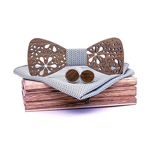 HZQIFEI Noeud Papillon Bois, Ensemble 3 Pièces Noeud Papillon en Bois + Boutons de manchette en Bois + Carré de Poche, Accessoire Mode (C3, 3PCS) Cover