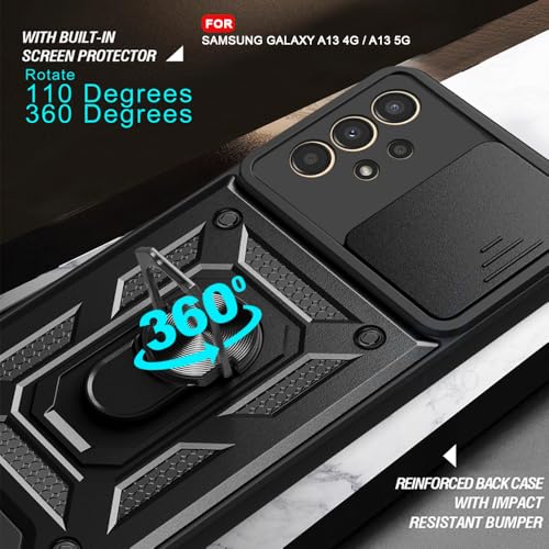 Image of AESTMO Tough Armor Samsung Galaxy A13 4G Bumper Back Case Cover | Ring Holder & Sliding Camera Shield Cover | 360 Degree Protection Back Case Cover for Samsung Galaxy A13 4G (Black)