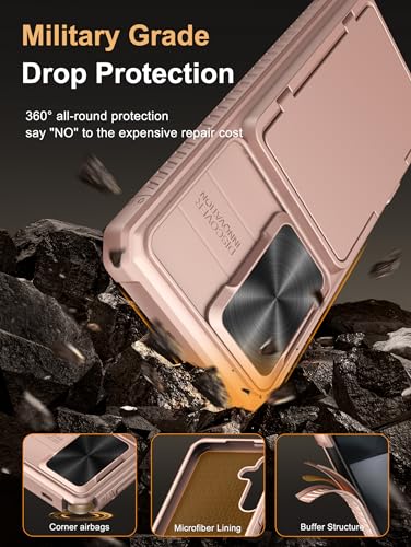 Image of Vihibii PC For Samsung Galaxy S24 Back Cover With Slide Camera Cover & Card Holder (4 Cards) & Kickstand, Hard Case For Galaxy S24 6.2 inch 2024, Rose Gold