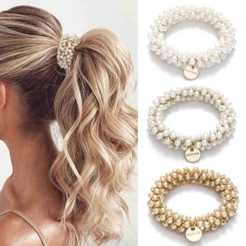 Generse Perlen-Haargummis mit Strass, Pferdeschwanzhalter, Perlen-Haar-Scrunchies, elastische Haarbänder, Haarschmuck für Damen und Mädchen (3er-Pack)