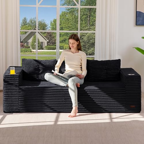 Image of MAXYOYO 79 inch Oversized Boneless Loveseat Sofa Couch for Small Spaces, Mini Love Seat Floor Couch with Cup Holders and Pillows, 3-Seater Upholstered Cloud Couch for Bedroom, No Assembly Required