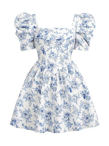 Floerns Girl's Floral Puff Sleeve A Line Dress Square Neck Ruched Boho Mini Dress