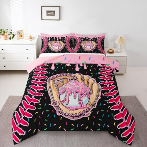 Homewish Juego de funda de edredón para cama de matrimonio con diseño de helado, color negro y rosa, juego de ropa de cama de béisbol, juego de ropa de cama de juegos deportivos de moda, divertido