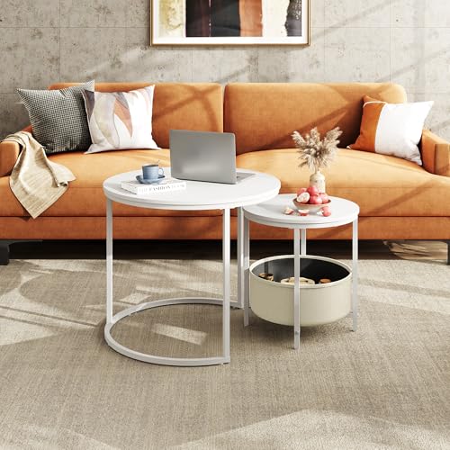 Image of WLIVE Round Coffee Table Set of 2, 60X60X51cm Nesting Tables with Ample Storage, Wooden Wide Side Table with Sturdy Metal Frame for Living Room or Office, White