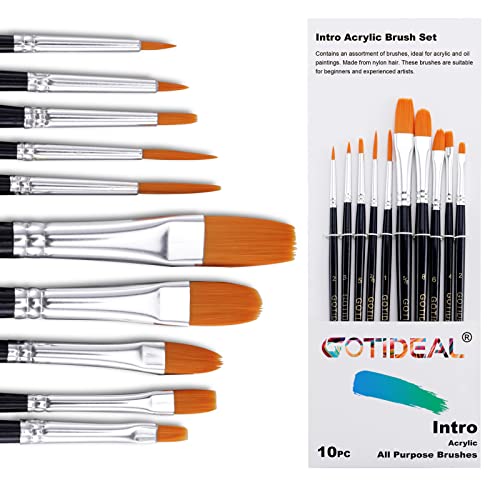 GOTIDEAL Paint Brush Set, 10 Pcs Round Pointed Tip, Small Nylon Hair Brushes for Acrylic, Watercolor, Oil and Gouache，Body, Face Nail Art, Detailing and Rock Painting, Perfect for Kids & Adult