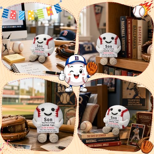 Regalo de béisbol de ganchillo hecho a mano, adorno tejido con base motivacional de escritorio 5