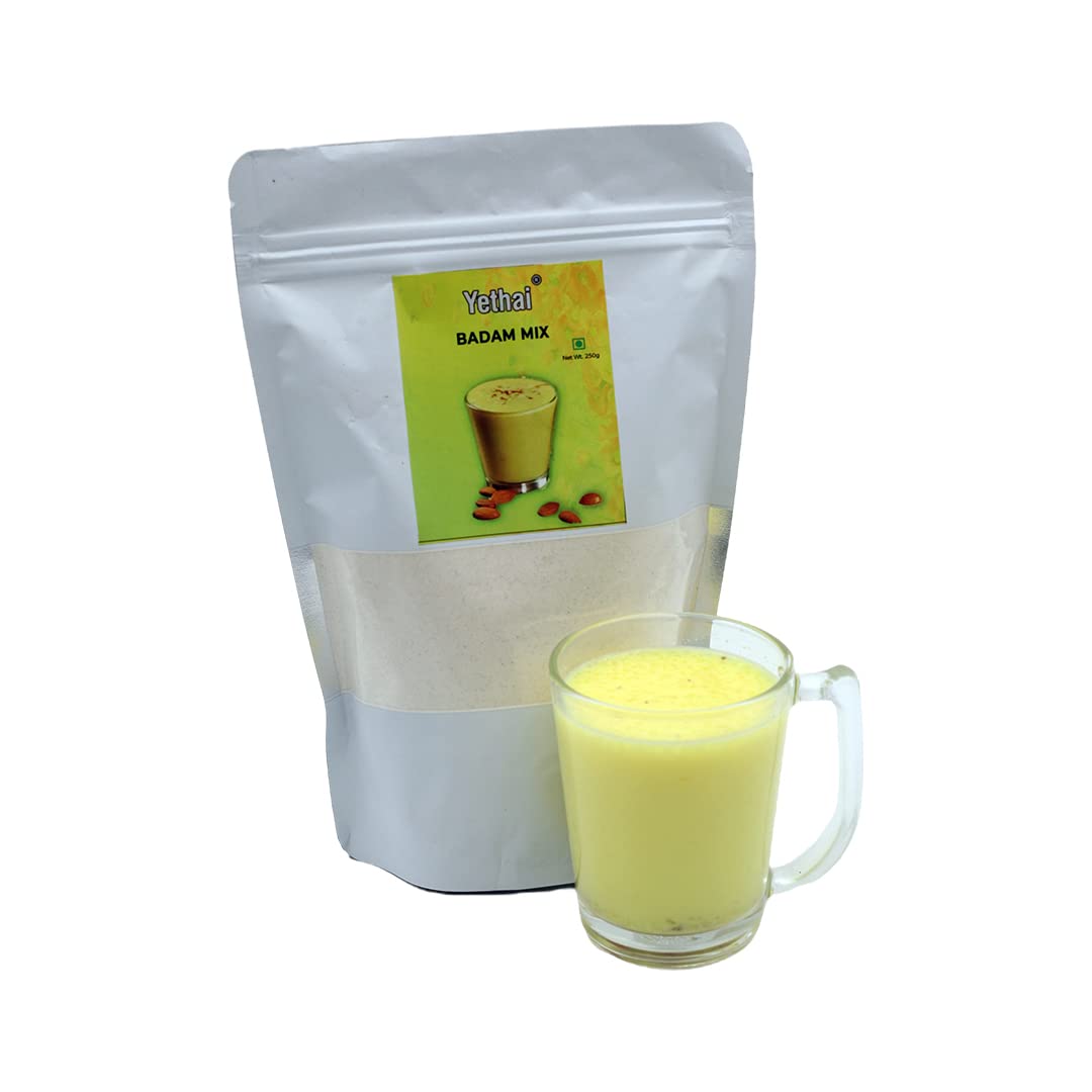 Yethai Badam Milk Premix, 250gms to prepare minimum 50cups of Hot or Cool Badam drink | Instant Badam Milk Powder with Almonds | Badam Milk Powder