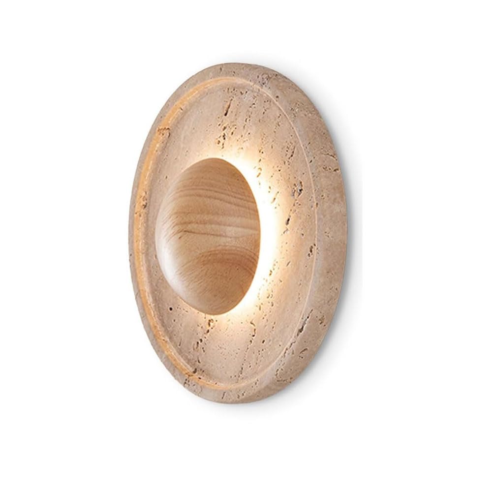 JISHUBO 7.8 Inch Yellow Travertine Wall Light, Minimalist Round Natural Stone Wall Sconce, Industrial Style Wood Wall Lamp, Living Room Bedroom Balcony Wall Mounted Lighting Fixtures