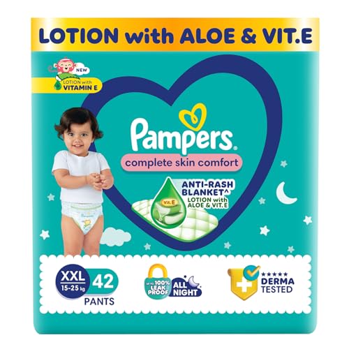 Image of Pampers Complete Skin Comfort Pants, (XXL) 42 Count, Anti-rash blanket, Lotion with Vitamin E & Aloe Vera,Double Extra Large size baby diapers,15-25kg