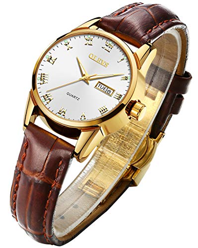 Image of OLEVS Women's Business Dress Watches for Ladies Female Brown Leather Strap Small Face Dress Analog Quartz Wrist Watch with Calendar Day Date Waterproof Luminous Gift Classic Casual Retro Band
