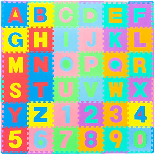 ProSource Kids Foam Puzzle Floor Play Mat with Shapes & Colors or Numbers & Alphabets, 36 Tiles