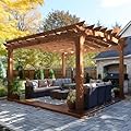 MUPATER 12x14 FT Wooden Pergola Patio with Arched Roof and Stakes, Outdoor Pergola Garden Shelter Cedar Framed for Backyard, Deck, Lawn, Pool, Natural
