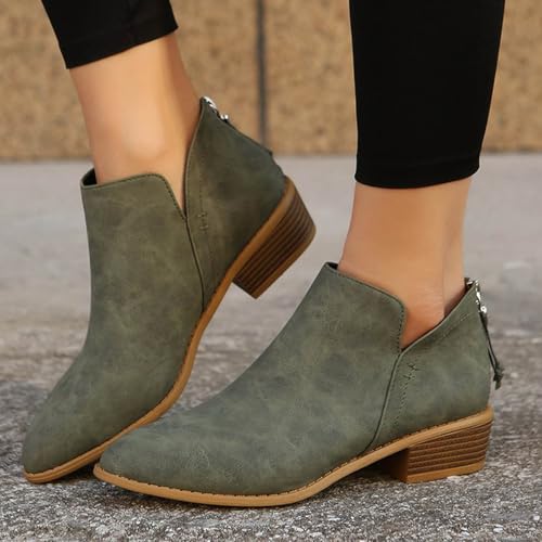 Womens V Cutout Ankle Boots Fashion Pointed Toe Chunky Stacked Heel Western Booties Zip Up Cowboy Boots Shoes Suede Chunky Low Heel Pull On Short Fall Winter Work Boots3