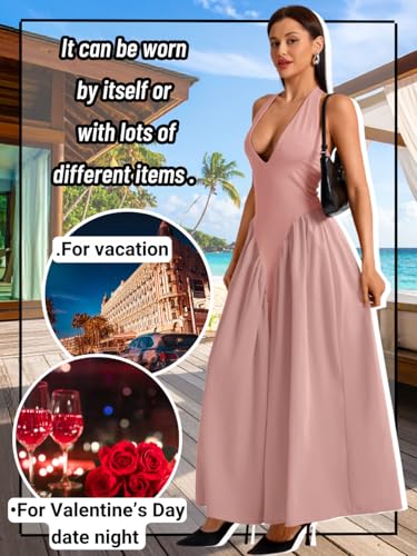 Image of ChiaoLezhee Deep V Neck Dress, Halter Maxi Dresses, Vacation Date Night, Sexy for Women Corset Flowy Wedding Guest Drop Waist