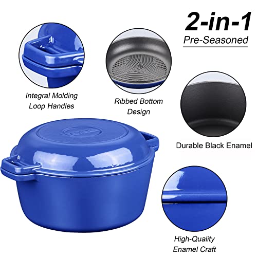 Shyis 5.5 Quart Enameled Cast Iron Dutch Oven,2-In-1 Enamel Dutch Oven With Skillet Lid For Grill,Stovetop,Induction (Klein Blue) #TOP6