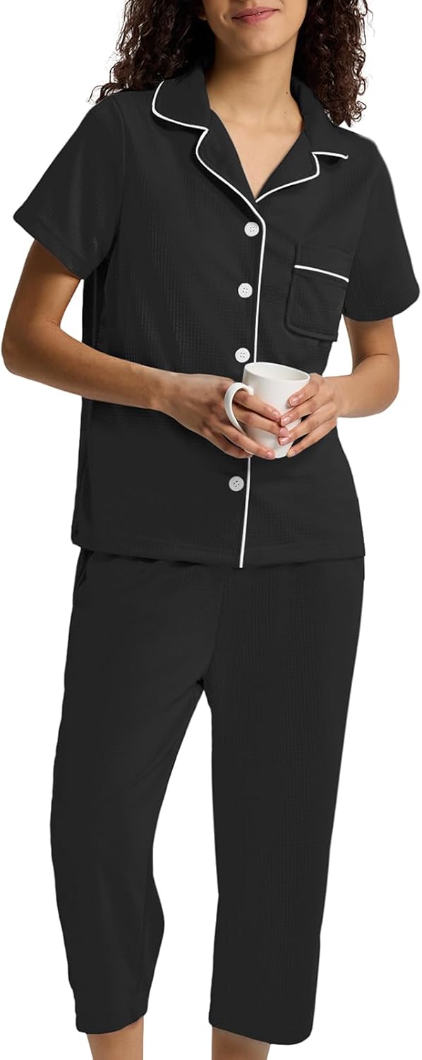 SIORO Capri Pajamas Set for Women, Button Down Sleepwear Short Sleeve Loungewear, Waffle Knit Top with Capri Pants Pjs Black - Image 4