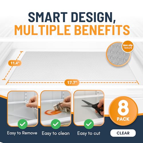 Refrigerator Liners for Shelves (8 Pack) by Linda’s Essentials - Non-Adhesive Drawer and Shelf Liner, BPA-Free Fridge Mats for Kitchen & Cabinets, Easy to Clean, Ideal Household Essentials (Clear)