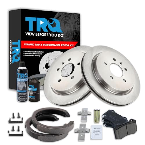 Image of TRQ Rear Brake Pad & Rotor Kit, with Chemical Kit Parking Brake Shoe Set Ceramic Compatible with 2006-2008 Cadillac STS