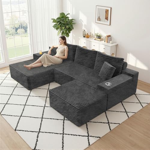 Image of Cloud Modular Sectional Couch with Ottoman, Comfort U Shaped Sofa Built-in Cup Holder & Storage Pocket for Living Room Bedroom, No Assembly Required (Dark Gray, Left Facing Chaise)