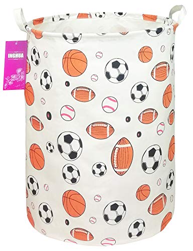 Image of INGHUA Laundry Hamper Large Canvas Fabric Lightweight Storage Basket/Toy Organizer/Dirty Clothes Collapsible Waterproof for College Dorms, Boys and Girls Bedroom,Bathroom(Ball game)