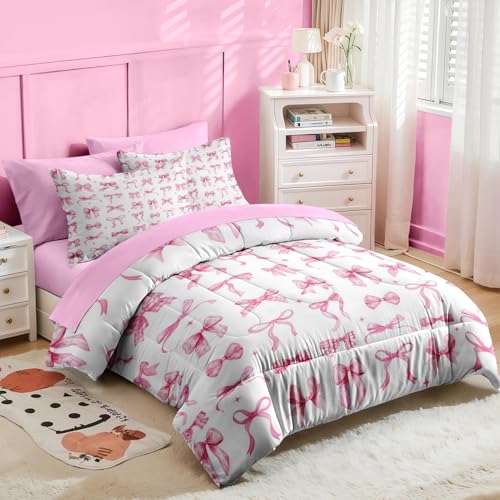 Image of Nesker Bow Comforter Set Twin Size, 5 Pieces Bed in a Bag, Pink Bow Bedding Set for Girls, Ribbon Bowknot Comforter Set with 1 Pillowcase & 1 Sham