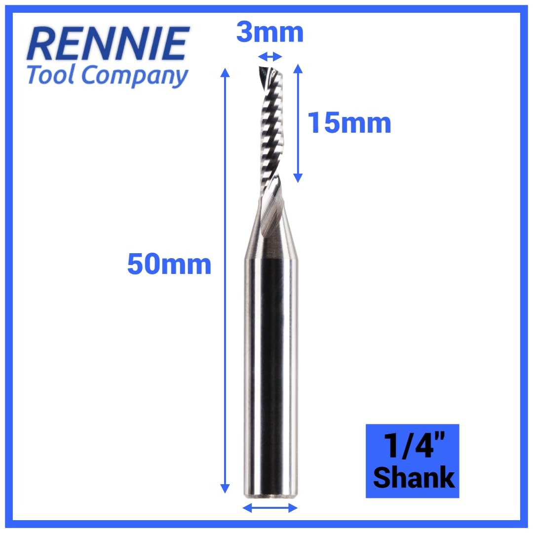 Rennie Tools 3mm x 15mm Flute x 1/4" Shank Solid Carbide Single Flute Spiral Router Cutter Bit End Mill for ACM Aluminium - Image 2
