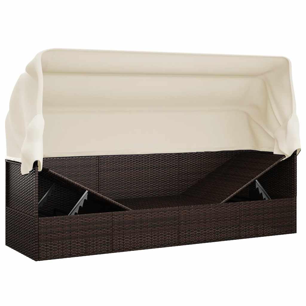 Lettino da esterno in polyrattan marrone con tettuccio parasole pieghevole, seduta e schienale imbottiti, regolabile, ergonomico, per giardino, terrazza, balcone, resistente alle intemperie