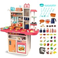 deAO Kitchen Playset Toy with Realistic Lights & Sounds, Kids Play Kitchen Set with Simulation of Spray Features, Pretend Role Play Toys with Lots of Kitchen Accessories Gift for Toddlers (Pink)