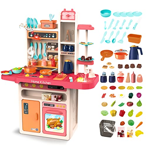 deAO Kinderküche Spielküche mit Licht, Dampf, Wasser, Kinder-Küchenspielset mit Küchenzubehör Herd Spüle Backofen Essen Küche Spielzeug, Chef Dinner Play Besteck Set Pädagogisches Spielzeug (Rosa)