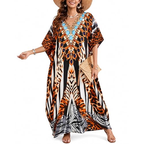 Image of Gypsie Blu Women Plus Size Kaftan Dress Beach Cover Up Maxi Dresses for Women, V-Neck Kimono Sleeve 1X-3X
