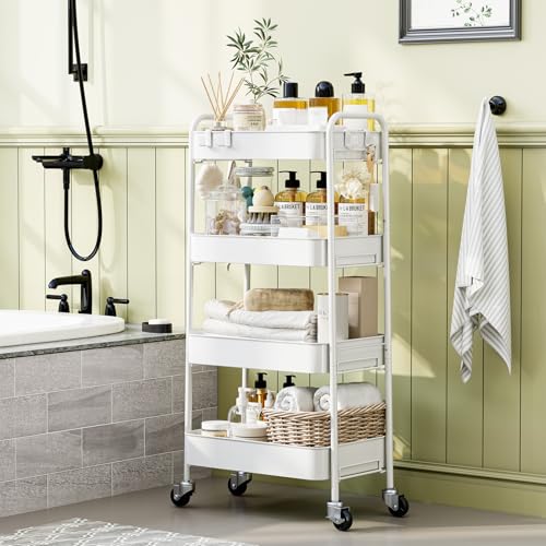 KINGRACK 4 Tier Metal Storage Trolley on Wheels, Beauty Book Craft Tea Art Trolley for Home Bathroom Kitchen Laundry, No screws needed Easy Rolling Utility Cart Mobile Storage Shelving Organizer - Image 3