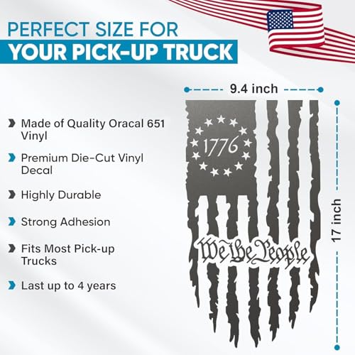 Image of GRITKULTURE We The People Distressed American Flag Decal Vinyl for Trucks, Cars, Tailgate, Windows Preamble of The US Constitution fits Most Pickup Trucks-Rear USA Flag Car Sticker (Metallic Grey)