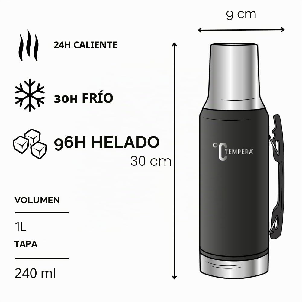 TEMPERA Termo para mate - 1L | Doble pared de acero inoxidable, sin BPA | Calabaza/Taza integrada de 240 ml | Mantiene el calor 24h, el frío 30h | Vertedor de precisión con gatillo | Mate - Té - Café