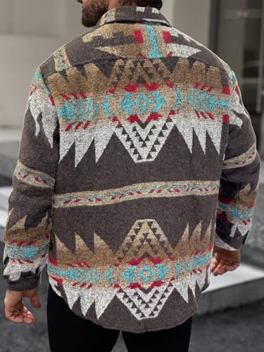 PLEPAN Men's Casual Aztec Print Cotton Button Down Jacket Long Sleeve Overshirt Turndown Collar Western Shacket Coat3