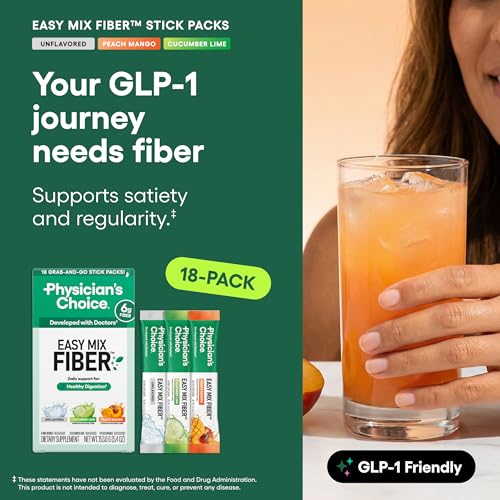 Image of Physician's CHOICE Easy Mix Fiber Stick Packs - GLP-1 Friendly, No Grit, Daily Prebiotic Fiber Powder for Digestive Health & Regularity - On the Go Travel Variety Pack for Women & Men - 18 Count